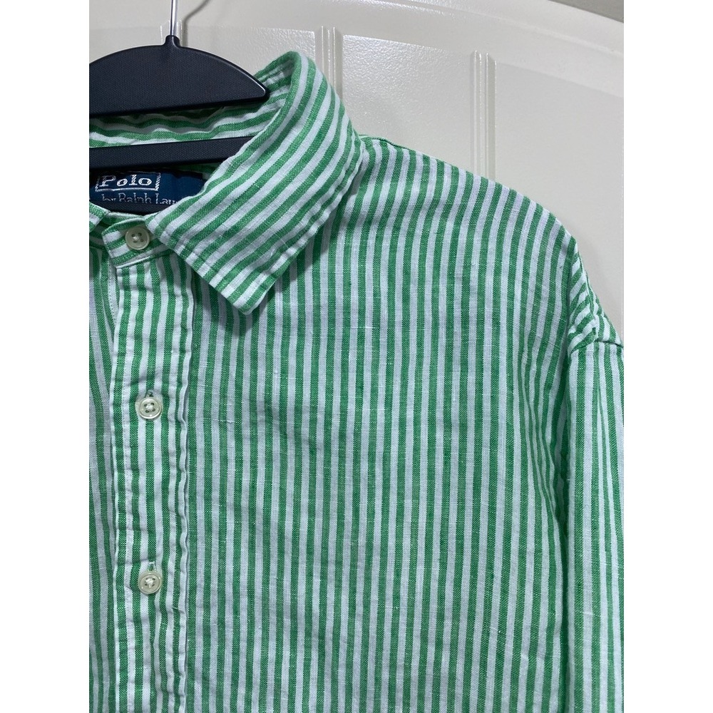 Ralph Lauren 100% Linen Button Up Green White Stripe Men's XXL Shirt Long Sleeve